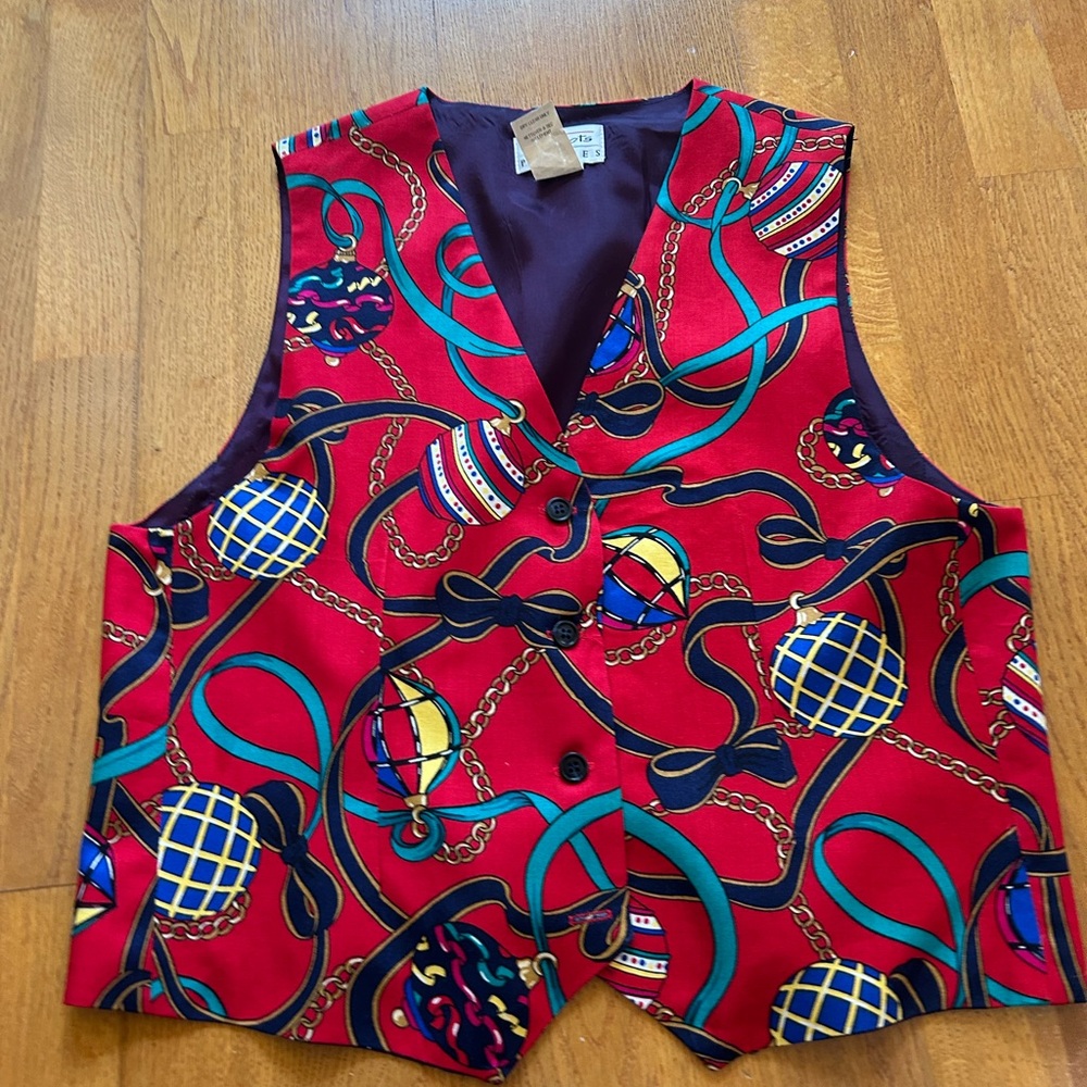Talbots Womens Vest Large Red Sleeveless Button Up Holiday/ Lined